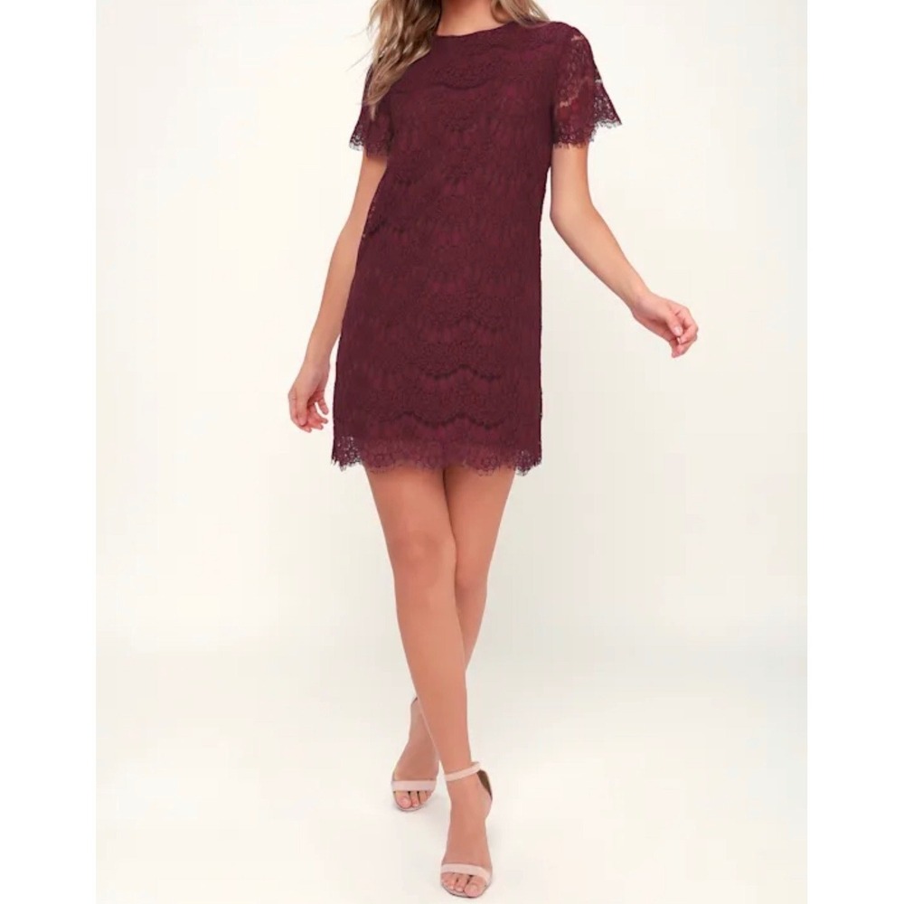 Lulus Take Me to Brunch Burgundy Lace Shift‎ Mini Dress Size Large NWT